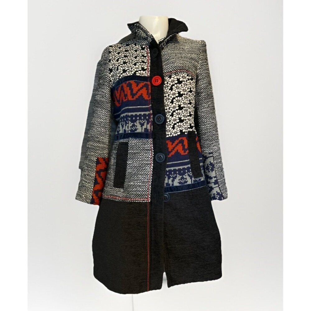 Lulu G. Paris Vtg Tapestry Patchwork Black White Red Coat Tweed